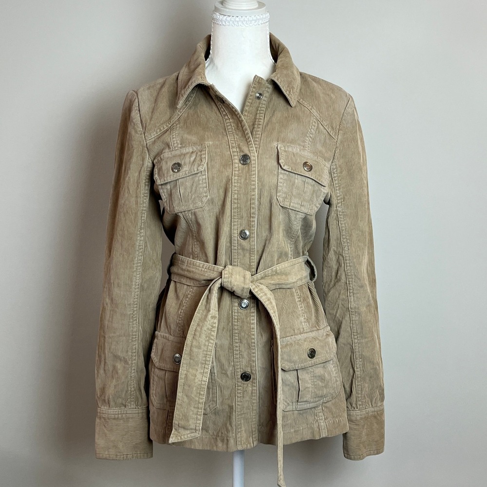 Old Navy Womens Tan Corduroy Belted Field Jacket Khaki Utility Pocket Coat Small